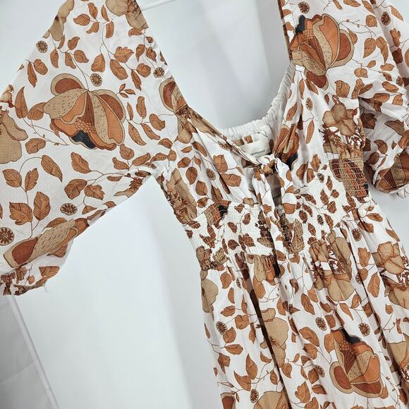 Anthropologie Dress White Tan Floral Cutout Tiered Puff Sleeve Smocked Maxi Sz S - Picture 6 of 11